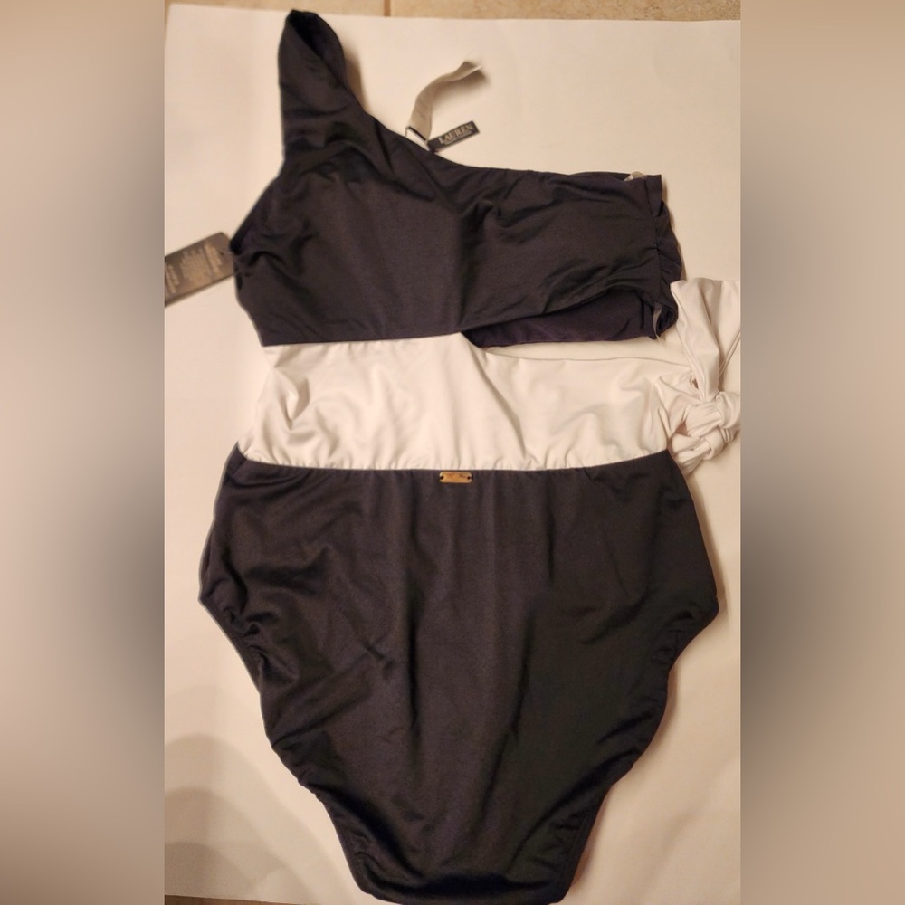 Ralph Lauren Cutout One Shoulder Women One Piece Swimsuit Black & White Size 12 - Picture 3 of 12